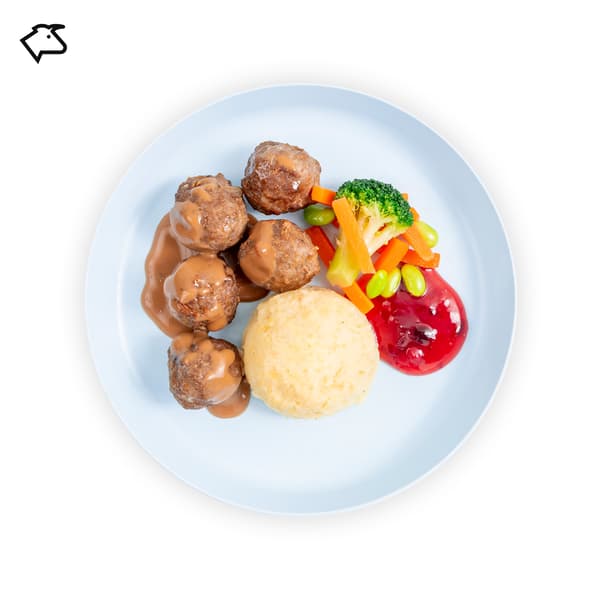 IKEA Tampines Halal Restaurant's kids' menu  — Kid's beef meatballs with mashed potato, mixed vegetables with soya beans, cream sauce and lingonberry jam