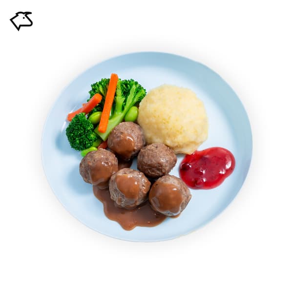 IKEA Tampines Halal Restaurant's kids' menu  — Kid's beef meatballs with mashed potato, mixed vegetables with soya beans, cream sauce and lingonberry jam