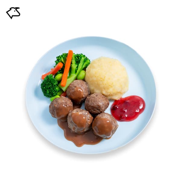 IKEA Tampines Halal Restaurant's kids' menu  — Kid's beef meatballs with mashed potato, mixed vegetables with soya beans, cream sauce and lingonberry jam