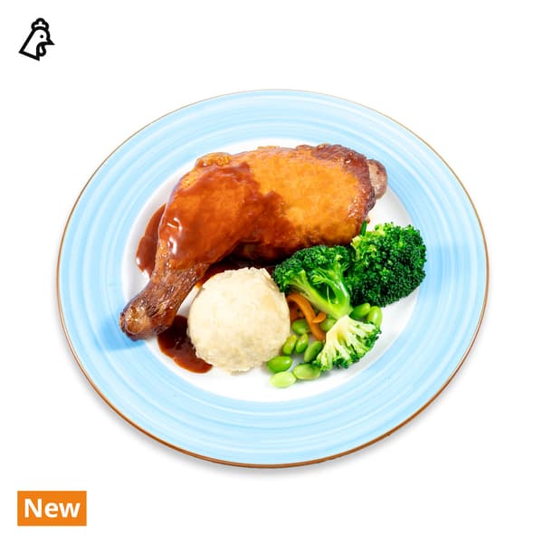 IKEA Tampines Halal Restaurant's — Smoked BBQ Chicken leg with mashed potato & mixed vegetables. Food allergen symbols of chicken in black on the top left-hand. 