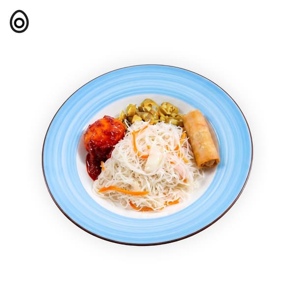 IKEA Tampines Halal Restaurant's weekend local breakfast — Stir fried bee hoon with spring roll and sambal egg with an egg food symbol in black on the top left corner.