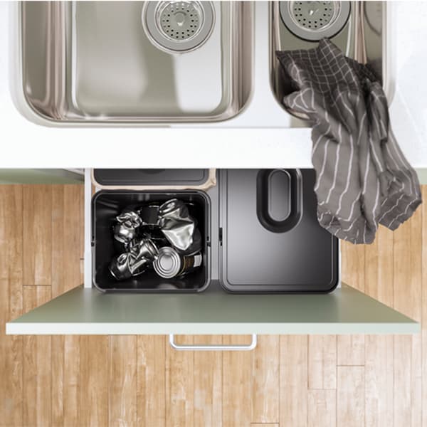 IKEA VARIERA/UTRUSTA black waste sorting for cabinet has a frame that keeps the waste bins firmly in position.