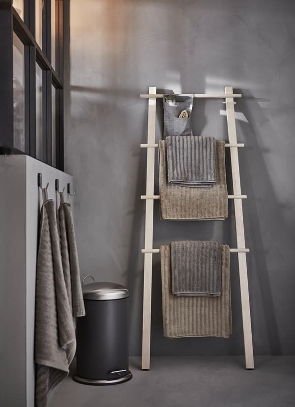 IKEA VILTO light birch towel stand has four levels to hang towels, clothes or even a basket organiser to keep your hairbrush and smaller toiletries.