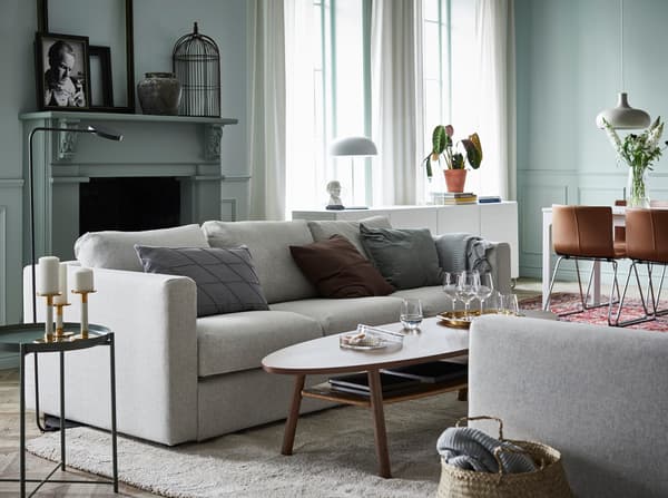 IKEA VIMLE light grey 3-seat sofa in an open living space.