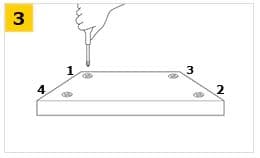 イケアの組み立て説明で、四隅の番号順にねじを締めるステップ3、ドライバーを持つ手と板