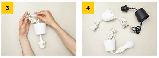 イケアのペンダントランプで、コードをさらに束ねてカップに収める手順3と、白黒のコードセットを並べた完成状態