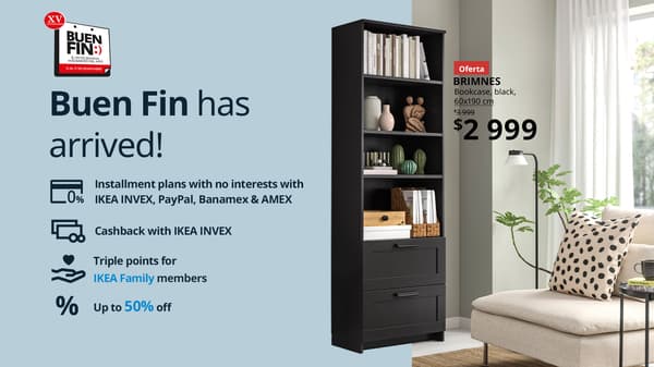IKEA's 2025 Buen Fin promotion poster: BRIMNES black bookcase (60x190 cm) for $2,999, highlighting MSI, Cashback and 50% discount