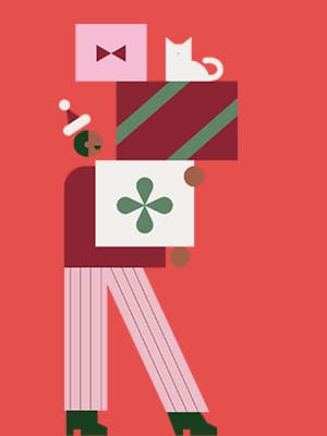 Il·lustració d’una persona amb barret de Nadal que porta una pila de regals, un dels quals té un gat blanc al damunt. Fons vermell.