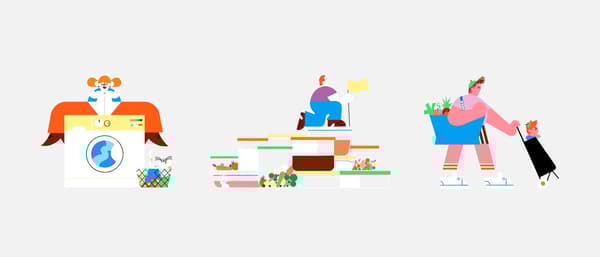 Il·lustracions de tres escenes sostenibles: una persona posant una rentadora amb productes ecològics, una altra sobre una pila de carmanyoles reutilitzables i una tercera caminant amb una bossa de compra plena i un carro amb un gos petit.