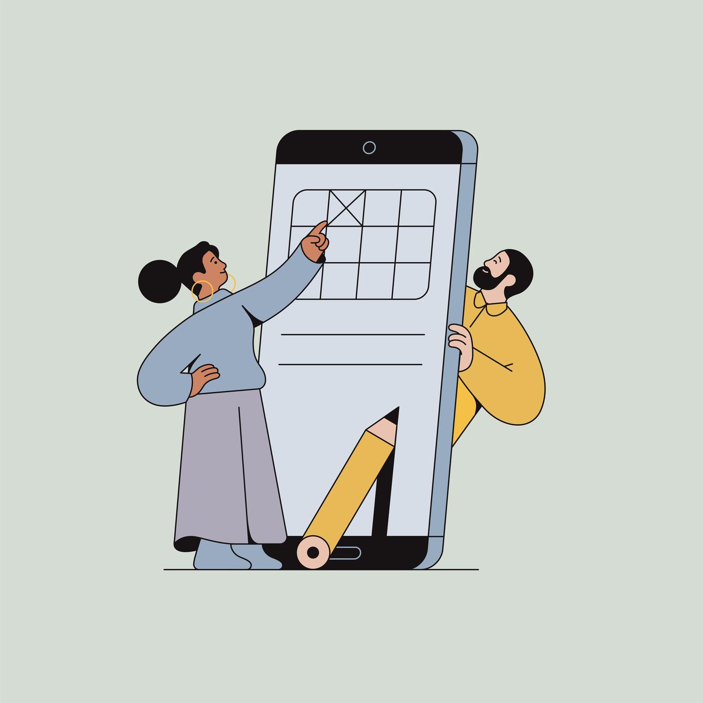 Illustrasjonsbilde av to personer som står foran en gigantisk telefon som med en åpen kalender.  