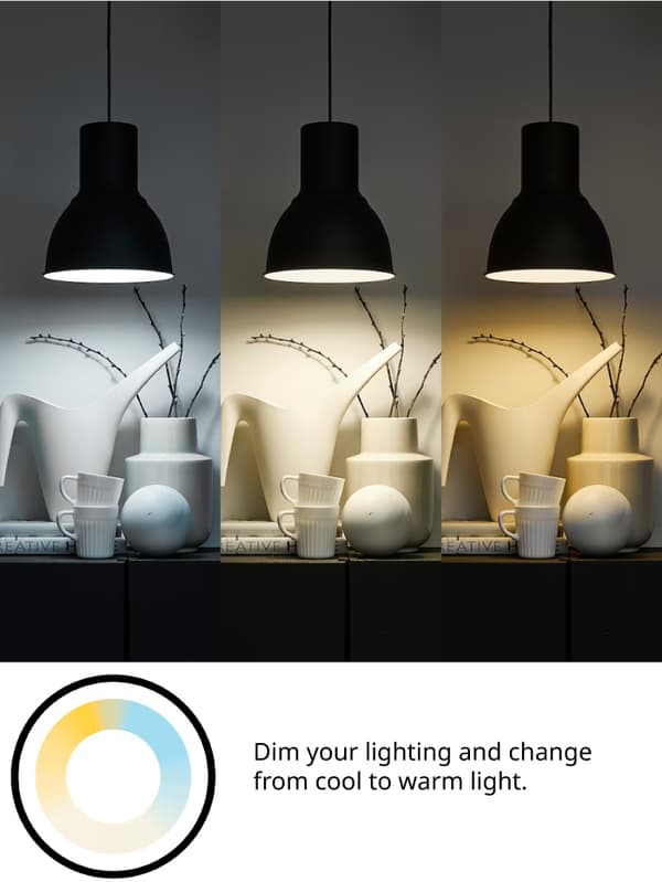 Illustrated image showing 3 bulbs at different light tones from white to warm tone, with text reading 