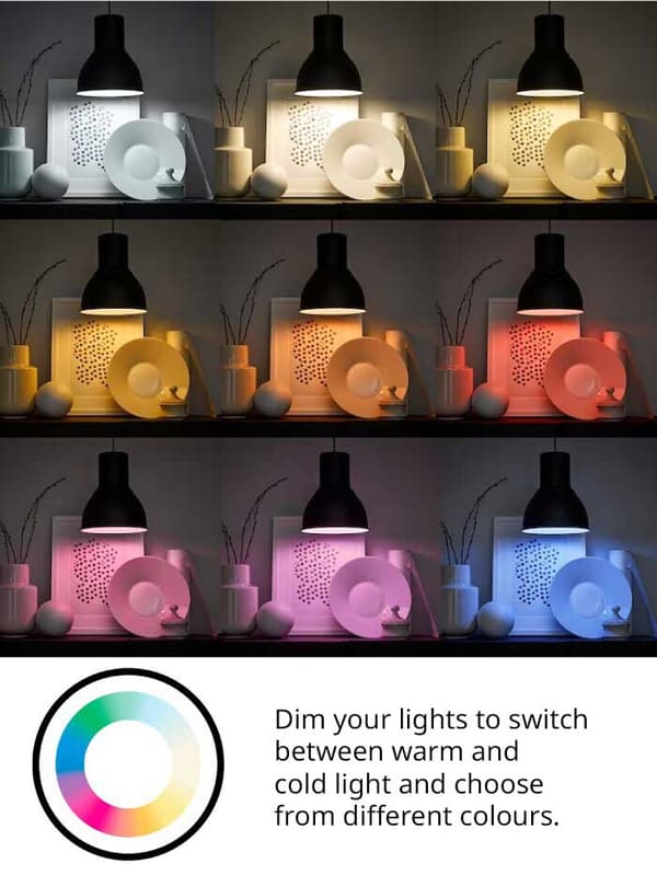 Illustrated image with nine lamps in different shades and colours, such as red and blue, with the text ‘dim your lighting, change from cool to warm light and choose from colour options’.