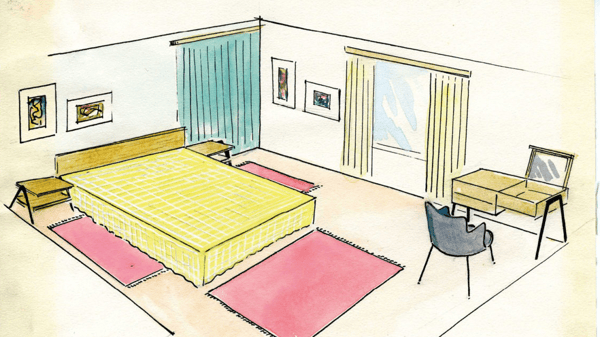 Illustration av ett sovrum med säng, skrivbord och stol.
