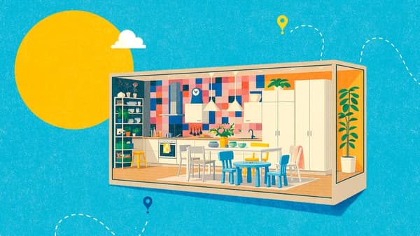 illustration d'une cuisine amménagée sur fond bleu