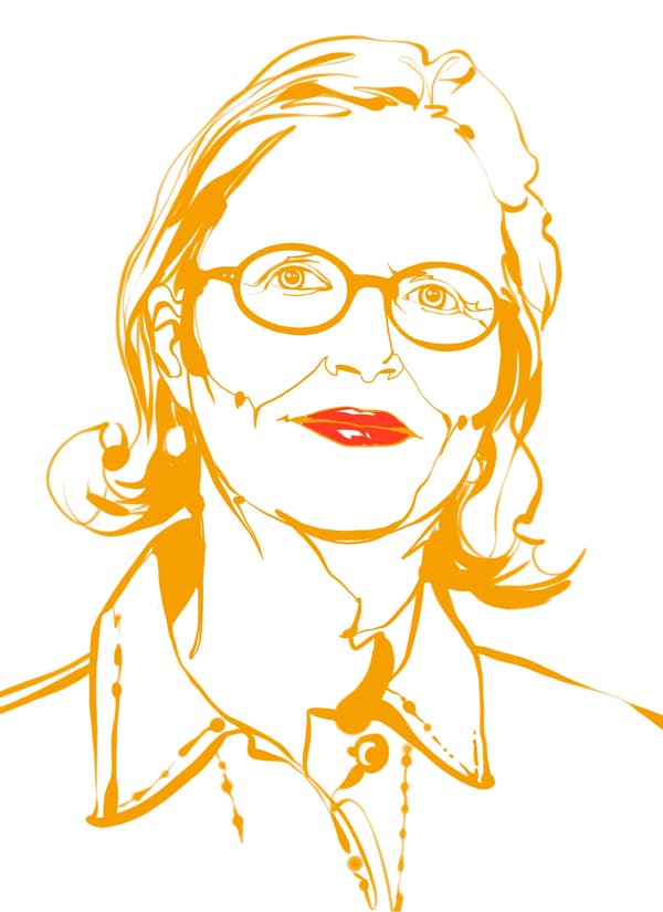 Illustration d’une femme. Les cheveux mi-longs, des lunettes, un léger sourire. La majeure partie du croquis est de couleur or, la bouche est rouge vif.