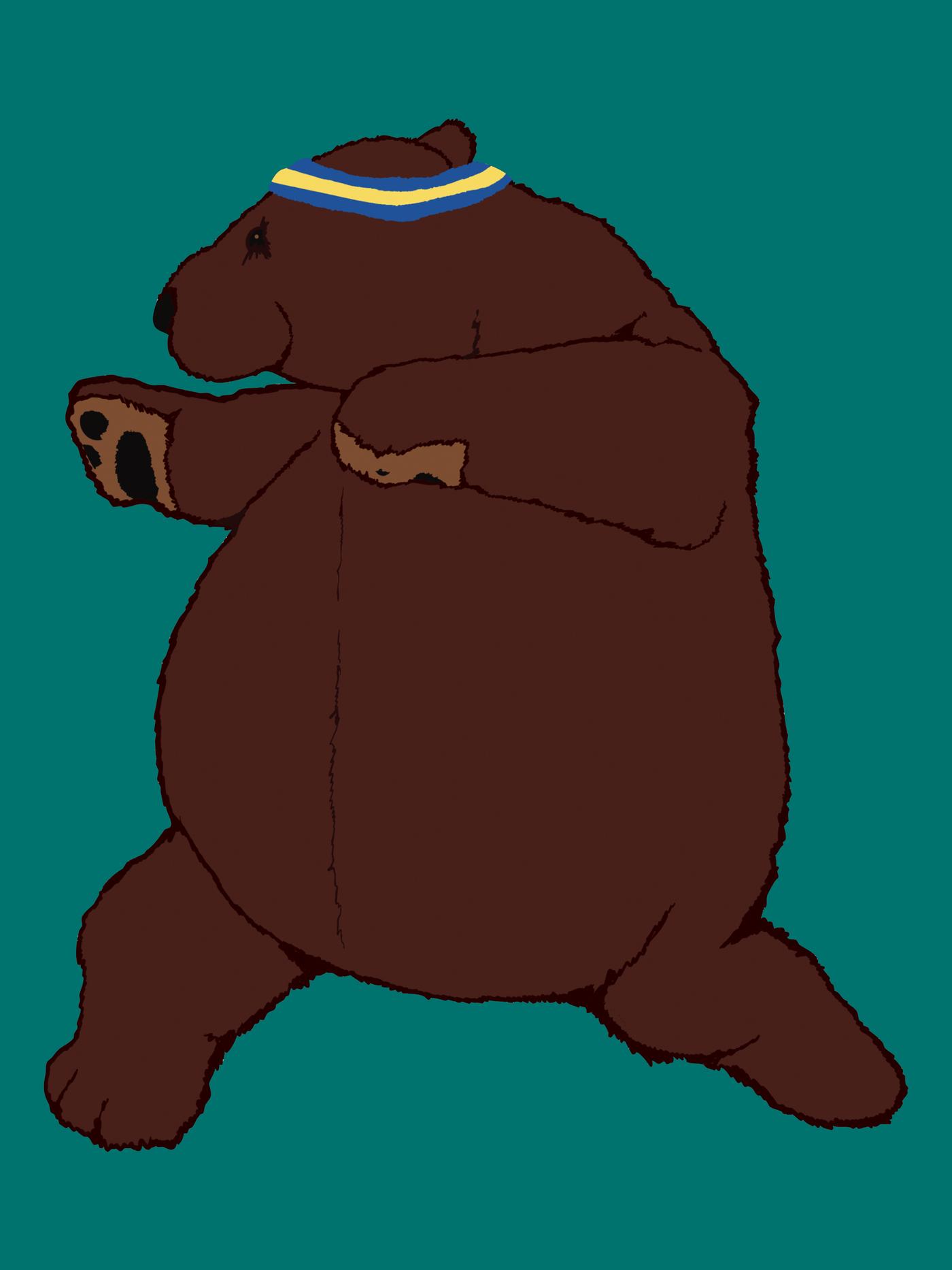 Illustration eines DJUNGELSKOG Braunbären, der vor einem türkisfarbenen Hintergrund Übungen macht.