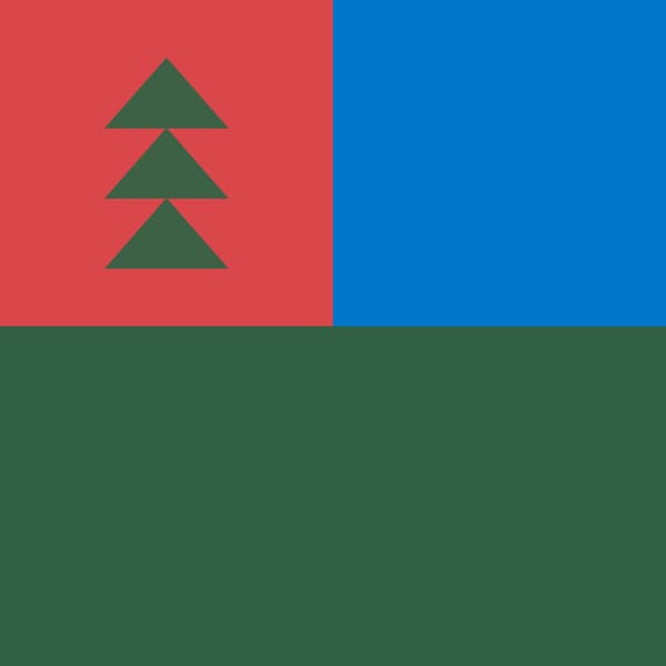 Illustration med fyra färgfält: rött, blått och mörkgrönt, samt en stiliserad gran med tre gröna trianglar i det röda fältet.