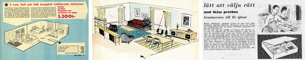 Illustration med inredningstips som visar ett vardagsrum med soffa, matbord och bokhylla.