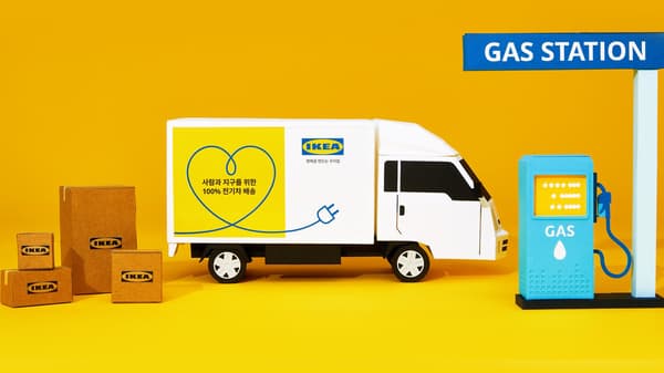 Illustration of an IKEA electric delivery truck with packages next to a gas station pump, highlighting 100% electric delivery service.