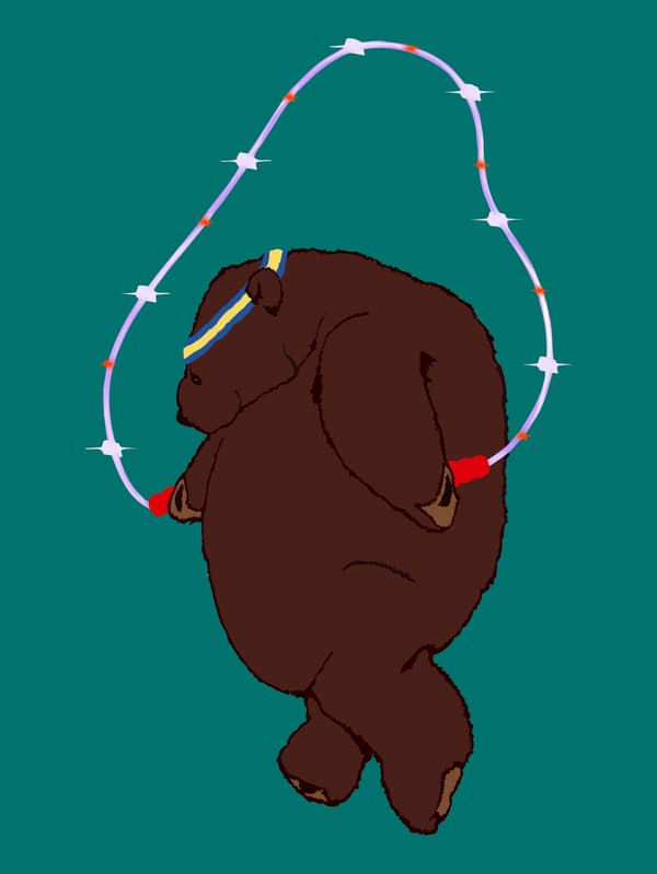 Illustration of DJUNGELSKOG brown bear jumping with LUSTIGT LED jump rope in front of a turquoise background.