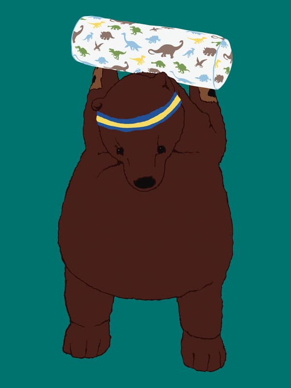 Illustration of DJUNGELSKOG brown bear lifting a JÄTTELIK cushion behind his head in front of a turquoise background.