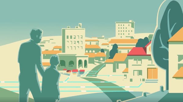 Illustration of two people looking over a cityscape.
