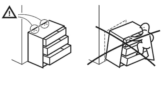 Illustration showing a chest tipping forward if not fixed to the wall and a person climbing on open drawers marked with a large X warning.