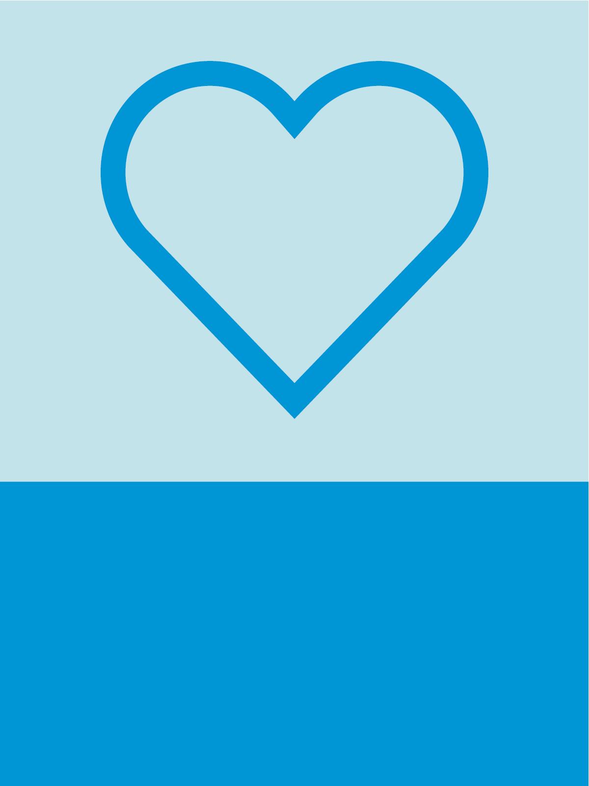 illustration von einem blauen Herzen in einem leicht blauem Quadrat, darunter ein dunkel blaues Rechteck