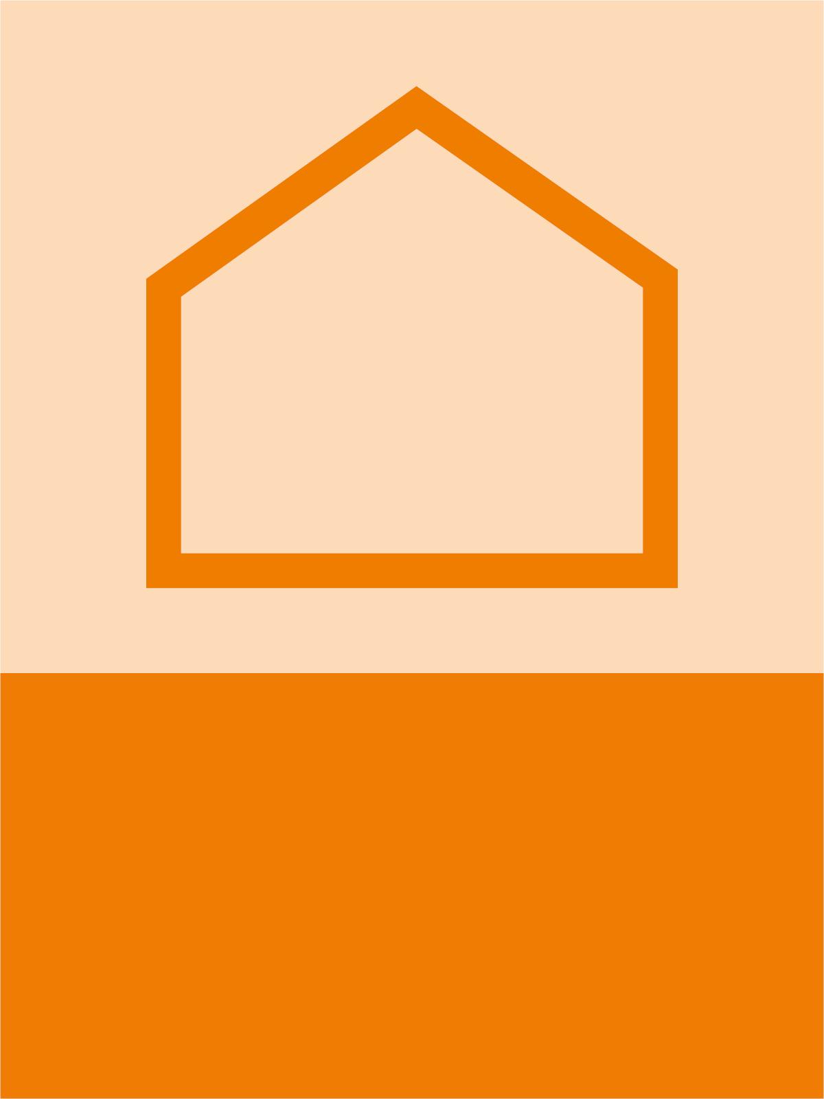 illustration von einem Orangen Haus in einem leicht rosenem Quadrat, darunter ein Orangenes Rechteck