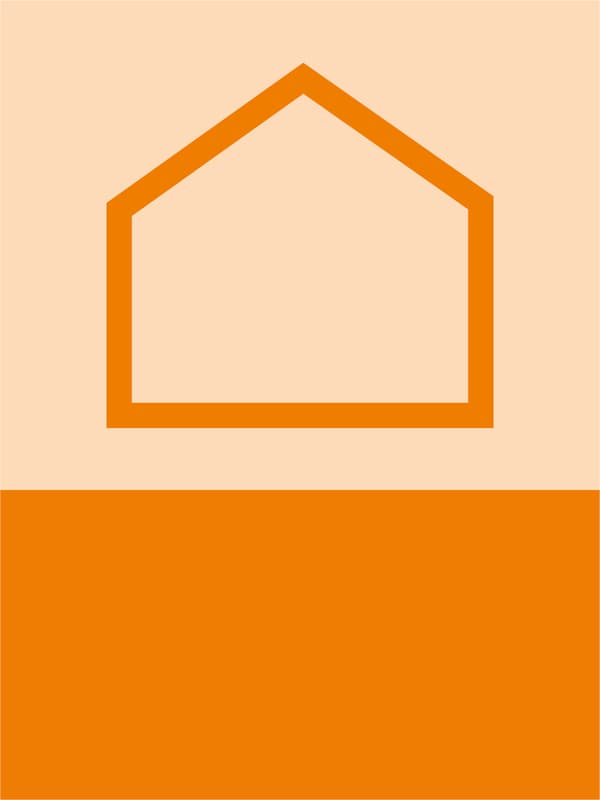 illustration von einem Orangen Haus in einem leicht rosenem Quadrat, darunter ein Orangenes Rechteck