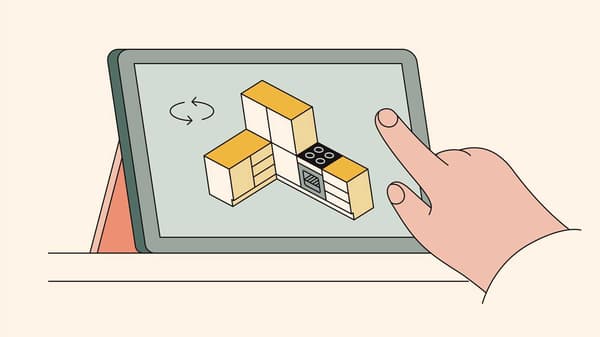 Illustrazione che raffigura un tablet e una mano che fa swipe, planner e configuratore IKEA.