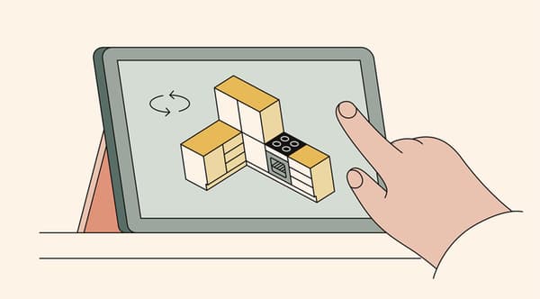 Illustrazione che raffigura un tablet e una mano che fa swipe, planner e configuratore IKEA.