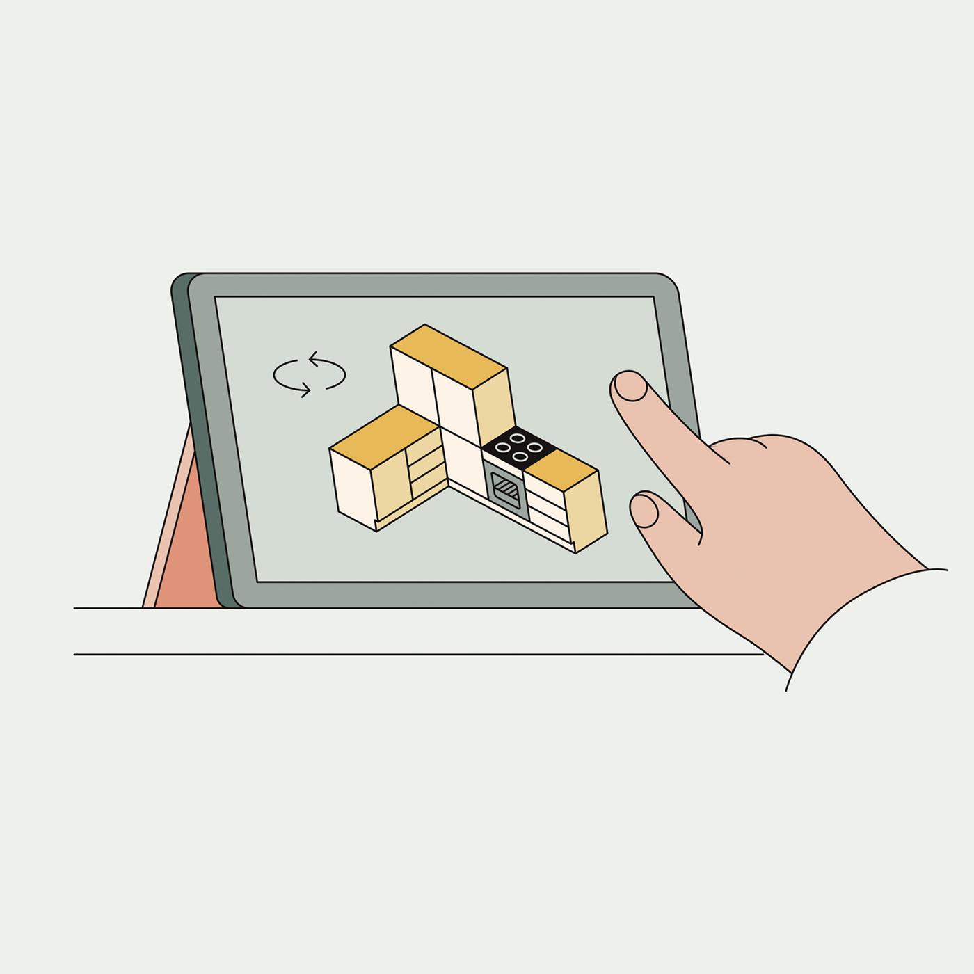 Illustrazione di una mano che usa il configuratore per la cucina su un tablet – IKEA.