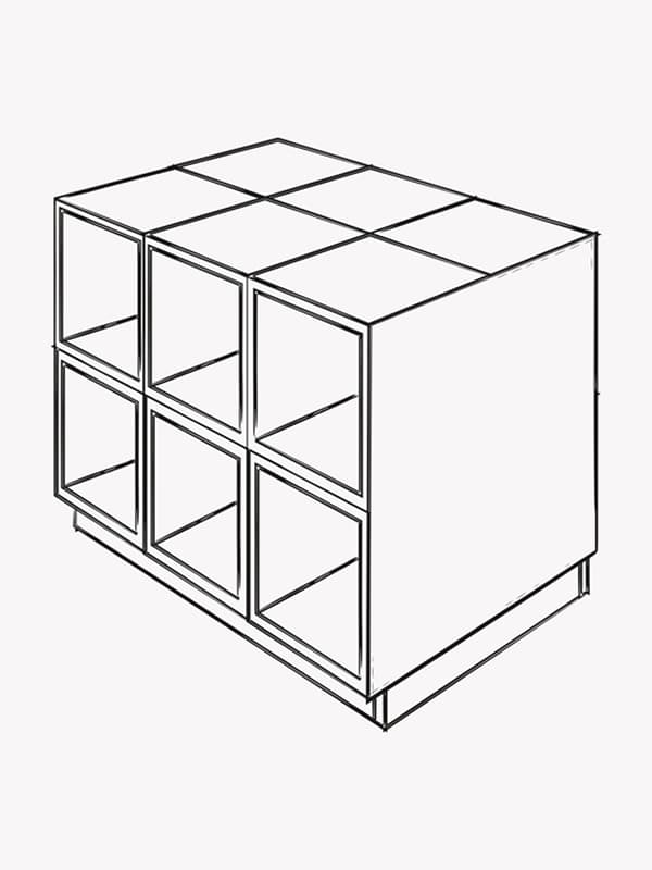 Illustrazione in bianco e nero di mobili che formano un’isola con un rivestimento laterale di 80 cm x 80 cm - IKEA
