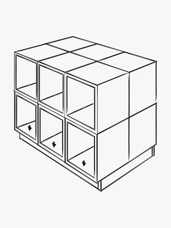 Illustrazione in bianco e nero di mobili combinati sopra a una struttura per formare un’isola per cucina - IKEA