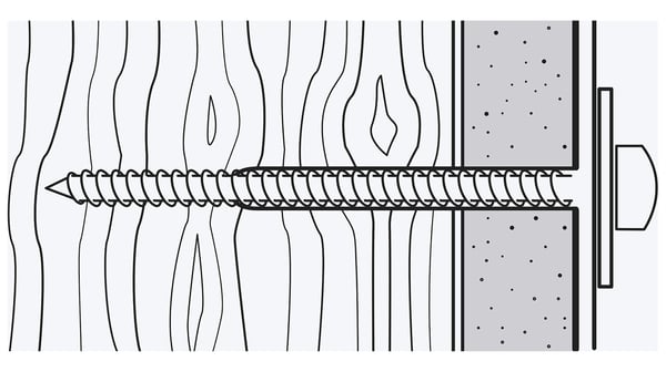Иллюстрация шурупа, вкрученного в слой материала, например гипсокартона, и в древесину.