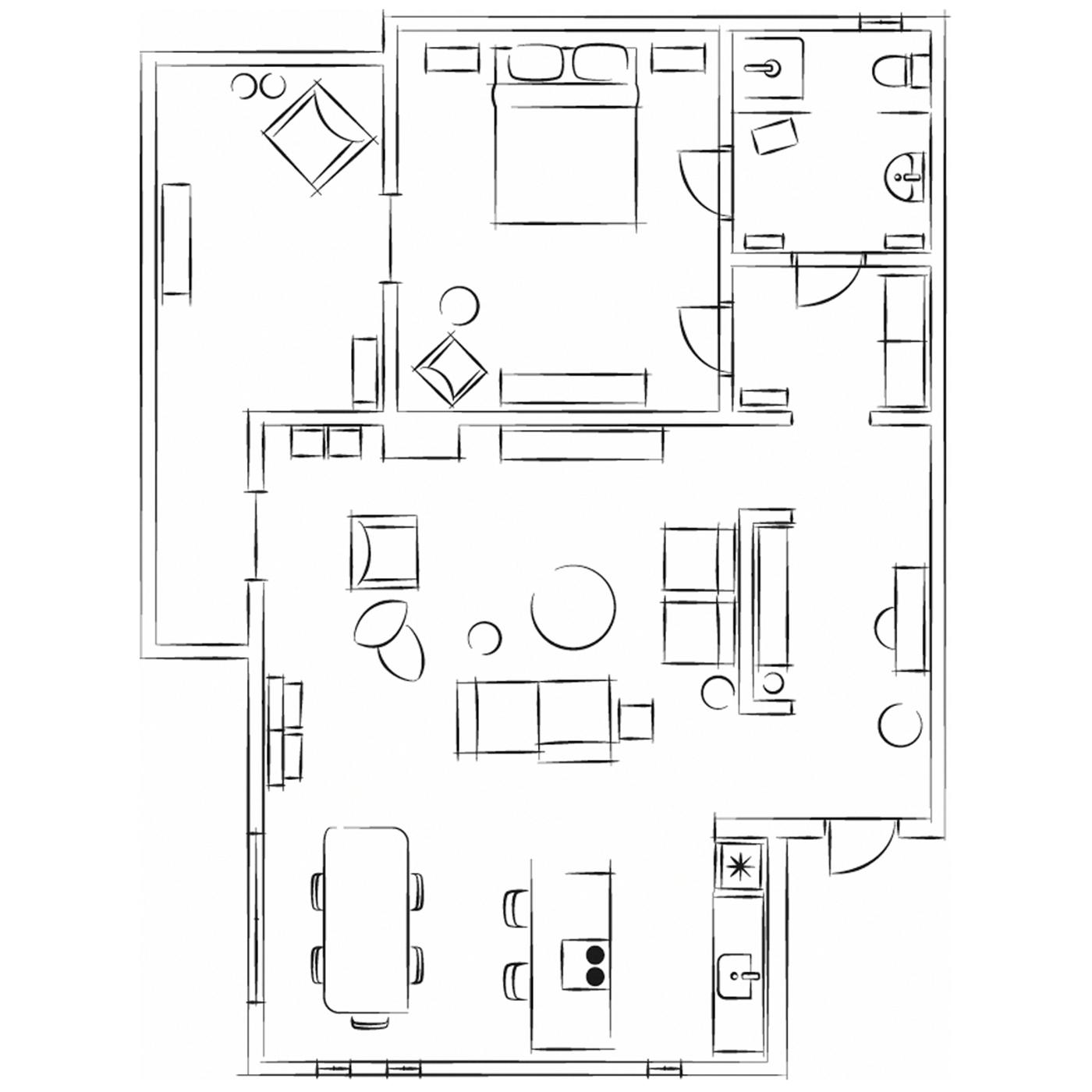 Ilustração a preto e branco de uma planta de um apartamento T1 com varanda, a mostrar a disposição dos móveis.