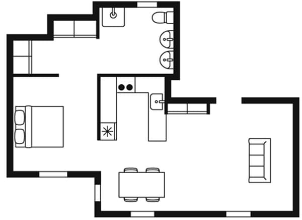 Ilustração esquemática, como uma planta, do apartamento como cenário e adereços para outras imagens deste artigo.