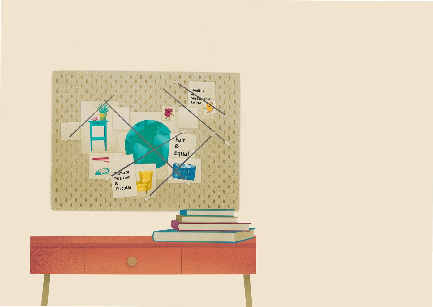 Ilustrace nástěnky IKEA s tématy udržitelnosti, rovnoprávnosti a ekologie. Klima pozitivní, cirkulární ekonomika, zdravé a udržitelné bydlení, hodnoty IKEA.