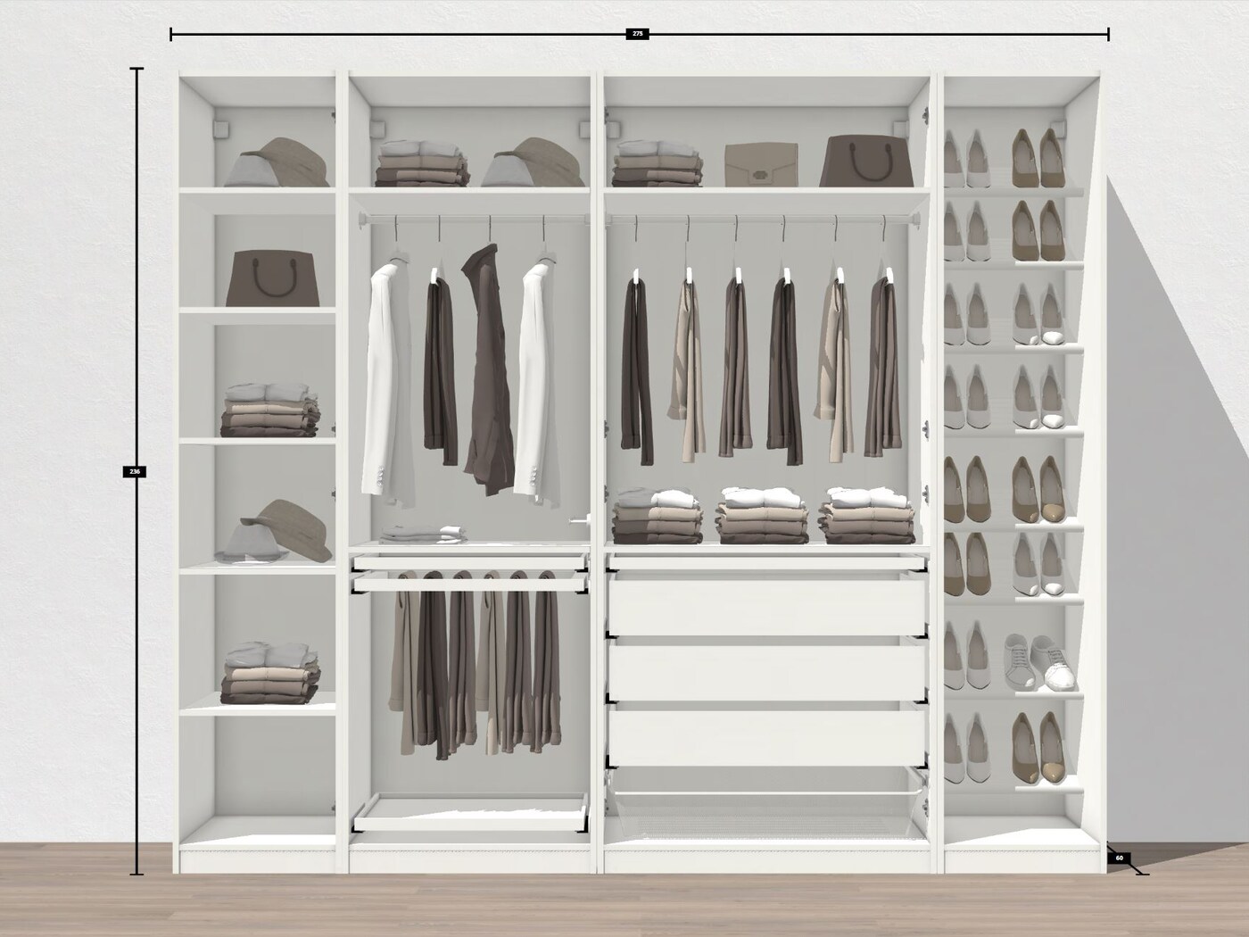 Ilustrácia v sépiových odtieňoch zobrazuje veľkú bielu skriňovú zostavu bez dverí, v ktorej sú na policiach a vešiakoch rozmiestnené rôzne typy oblečenia a obuvi.