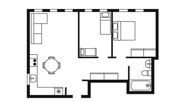 Ilustración esquemática, tipo plano, do apartamento, que complementa as outras imaxes.