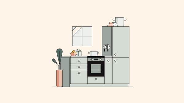 Ilustrasi dapur berwarna hijau dengan tombol dan permukaan atas kerja berwarna putih berlatarbelakangkan dinding berwarna kuning air dengan tingkap kecil.