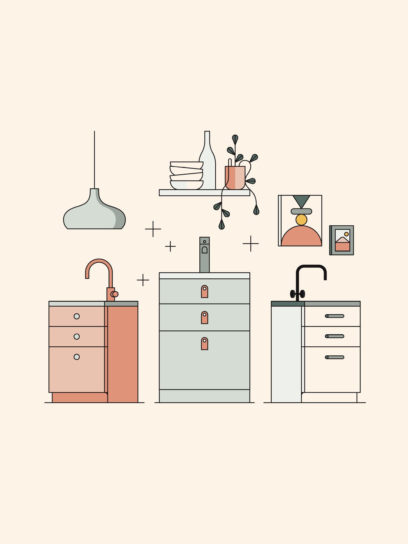 Ilustrasi tiga kabinet dapur yang berbeza dengan paip campuran, lampu, bingkai gambar dan para yang penuh dengan barang-barang.