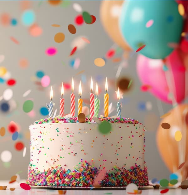 im Vordergrund ist eine sehr hohe Geburtstagstorte mit vielen angezündeten Kerzen zu sehen. Buntes Konfetti fliegt herum und im Hintergrund sich mehrere, verschiedenfärbige Luftballons unscharf zu erkennen.