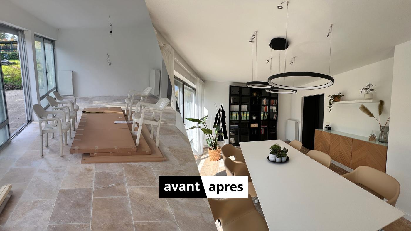 Image avant-après d’une pièce : à gauche, une pièce vide et inachevée avec des chaises sur la table ; À droite, une salle à manger meublée avec éclairage, plantes et décoration.