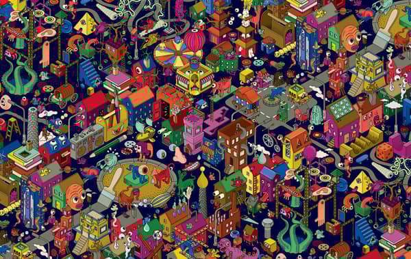 Image colorée représentant une ville imaginaire.