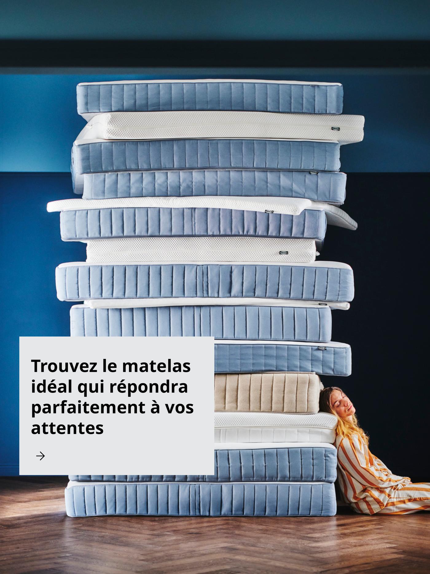 Image de matelas empilés avec le texte : « Trouvez le matelas idéal qui répondra parfaitement à vos attents ».