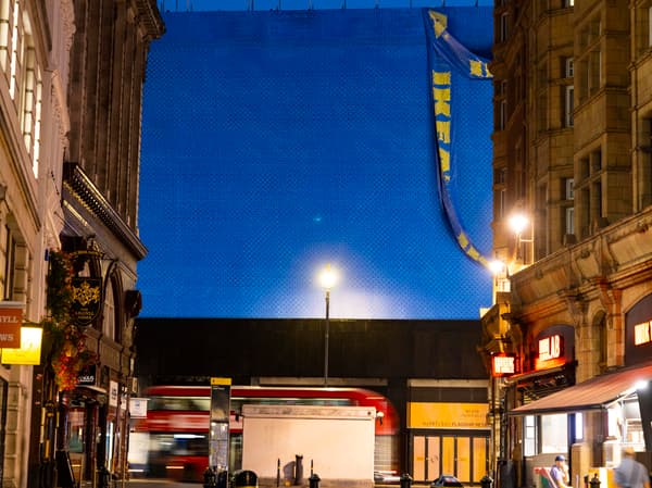 Image depicts facade of IKEA Oxford Street, covered in FRAKTA bag hoarding, taken from Argyll St. 