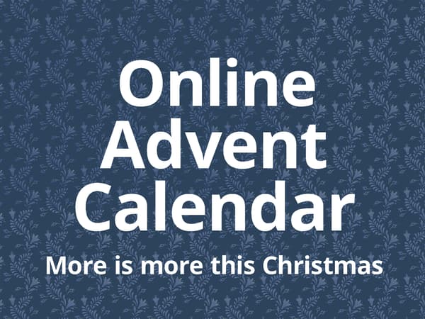 Image features large text reading "Online Advent Calendar", and the sub-headline reads "More is more this Christmas" on a blue background with traditional Scandinavian patterns for Christmas.
