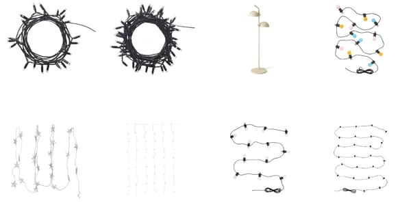 Image of all the products that have been recalled from the product series LEDLJUS, SOMMARLÅNKE, STRÅLA, SVARTRÅ, and UTSUND.